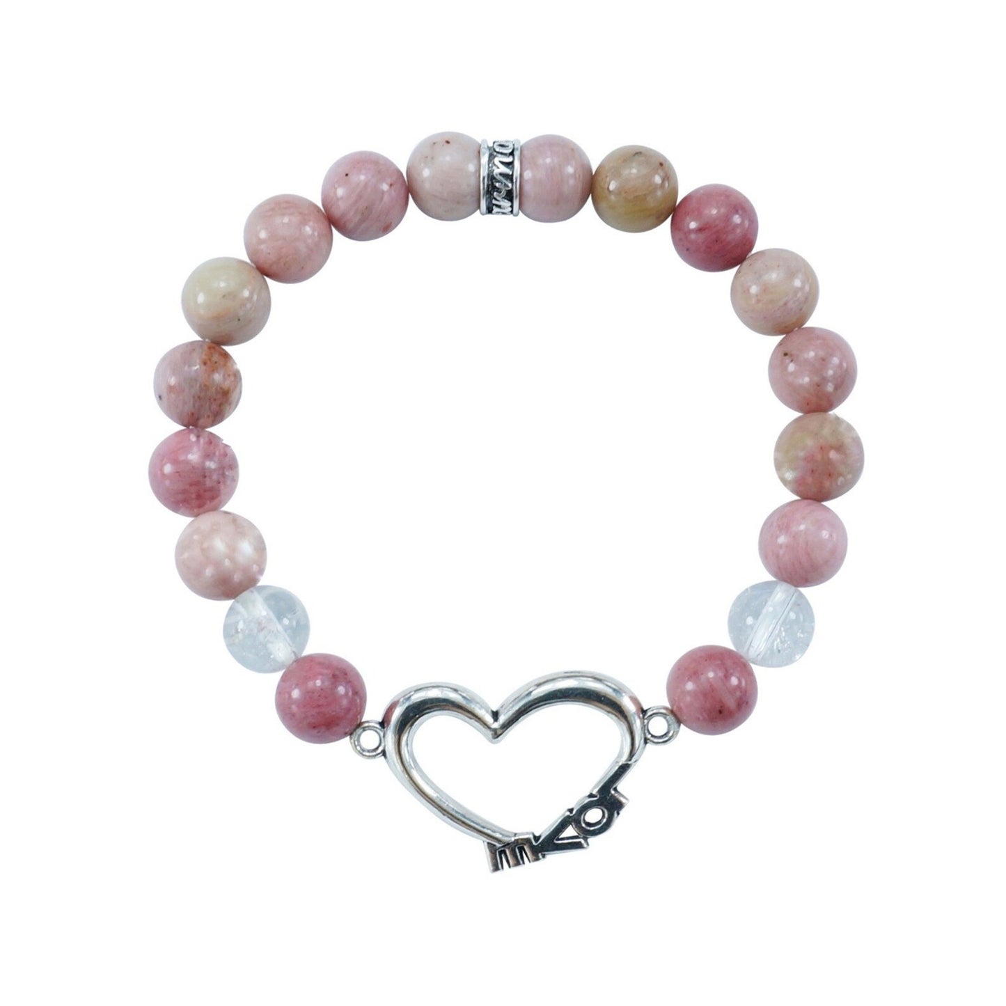 8mm Rhodonite & Quartz Beaded Bracelet with Heart