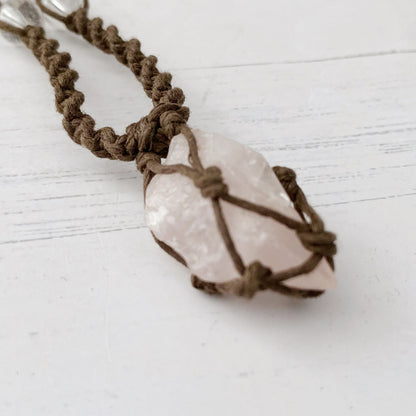 Rose Quartz Crystal Point Net Cord Necklace