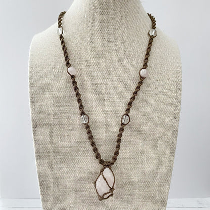 Rose Quartz Crystal Point Net Cord Necklace