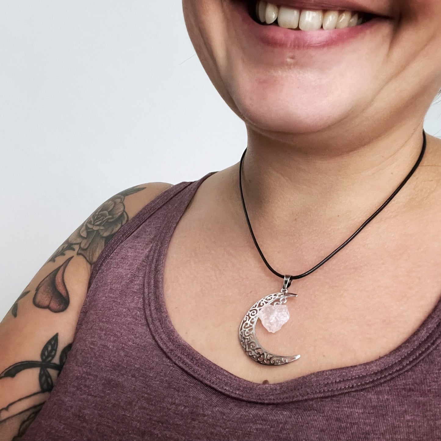 Silver Crescent Moon & Rose Quartz Pendant