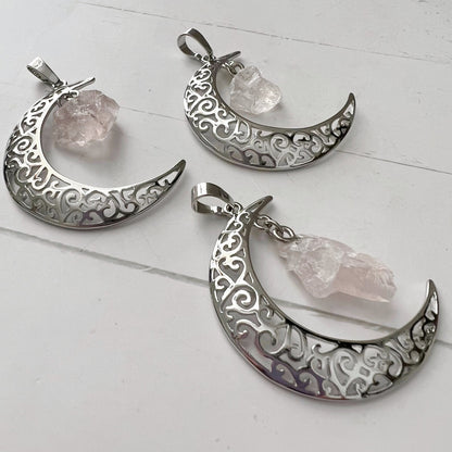 Silver Crescent Moon & Rose Quartz Pendant