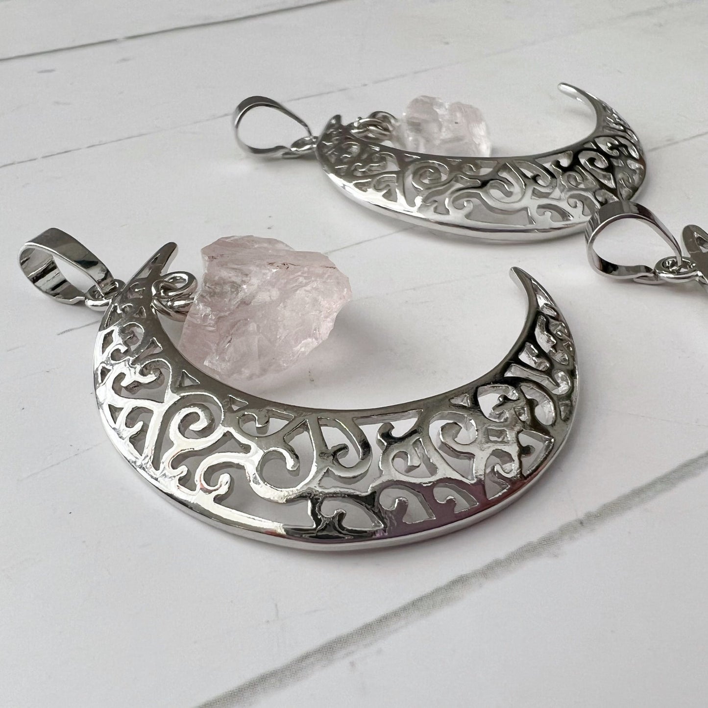 Silver Crescent Moon & Rose Quartz Pendant