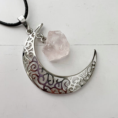 Silver Crescent Moon & Rose Quartz Pendant