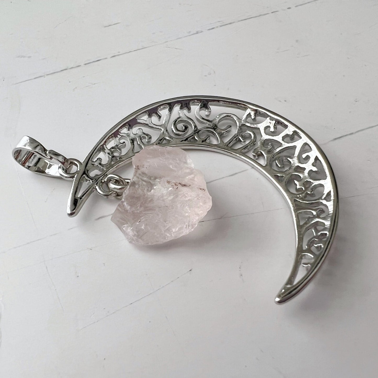 Silver Crescent Moon & Rose Quartz Pendant