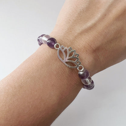 8mm Chevron Amethyst Beaded Bracelet with Lotus Charm