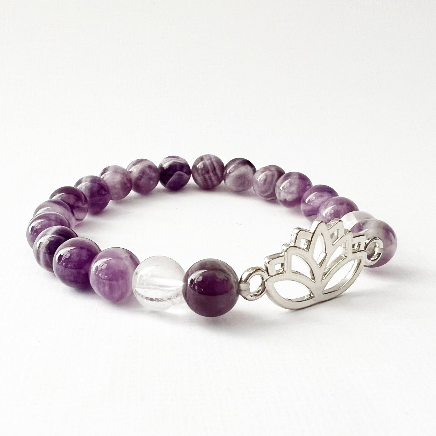 8mm Chevron Amethyst Beaded Bracelet with Lotus Charm