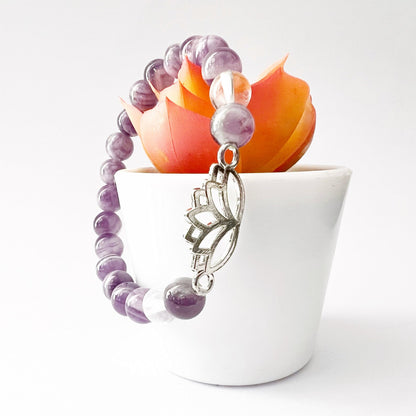 8mm Chevron Amethyst Beaded Bracelet with Lotus Charm