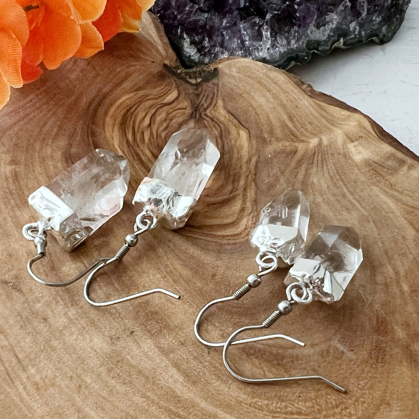 Raw Clear Quartz Point Dangle Earrings