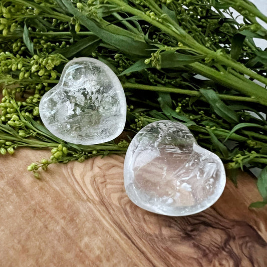 Two 1" Mini Clear Quartz Hearts rest on a wooden surface, surrounded by green foliage and small buds. The hearts, reminiscent of clear quartz treasures, showing clear and cracked textures. The overall composition is earthy and natural.