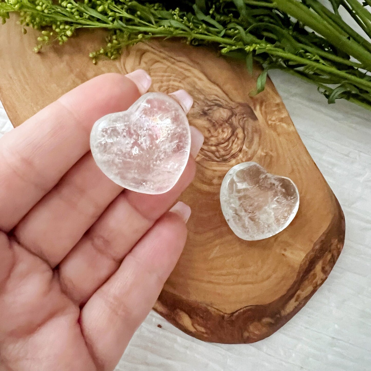 Two 1" Mini Clear Quartz Hearts rest on a wooden surface, surrounded by green foliage and small buds. The hearts, reminiscent of clear quartz treasures, showing clear and cracked textures. The overall composition is earthy and natural.