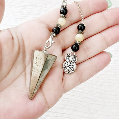 Pyrite Hexagonal Pendulum with Owl Charm