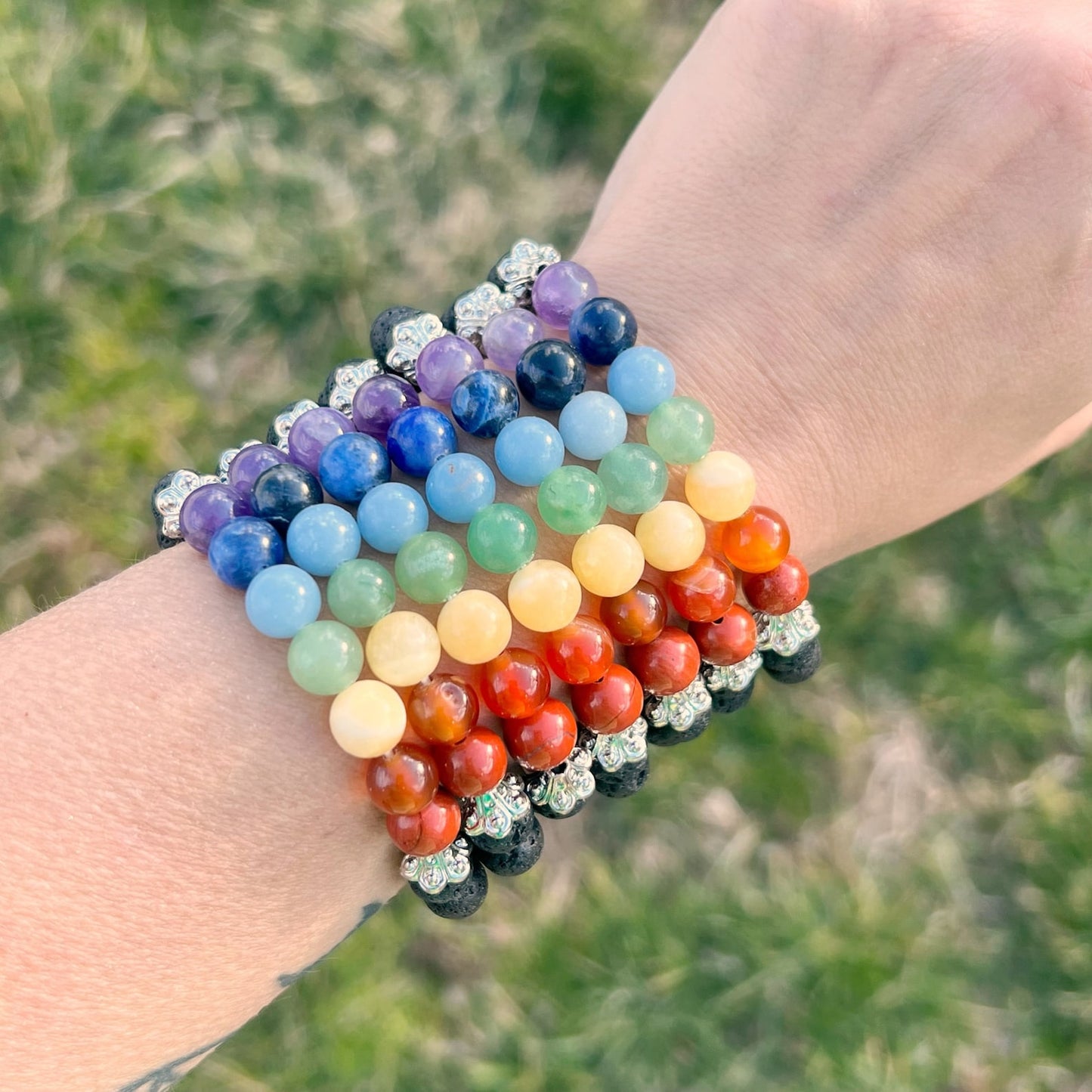 8mm Seven Chakra & Lava Rock Beaded Bracelet