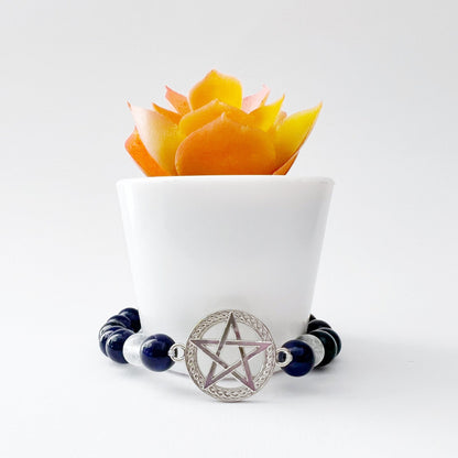 8mm Lapis Lazuli & Clear Quartz Beaded Bracelet with Pentacle Charm