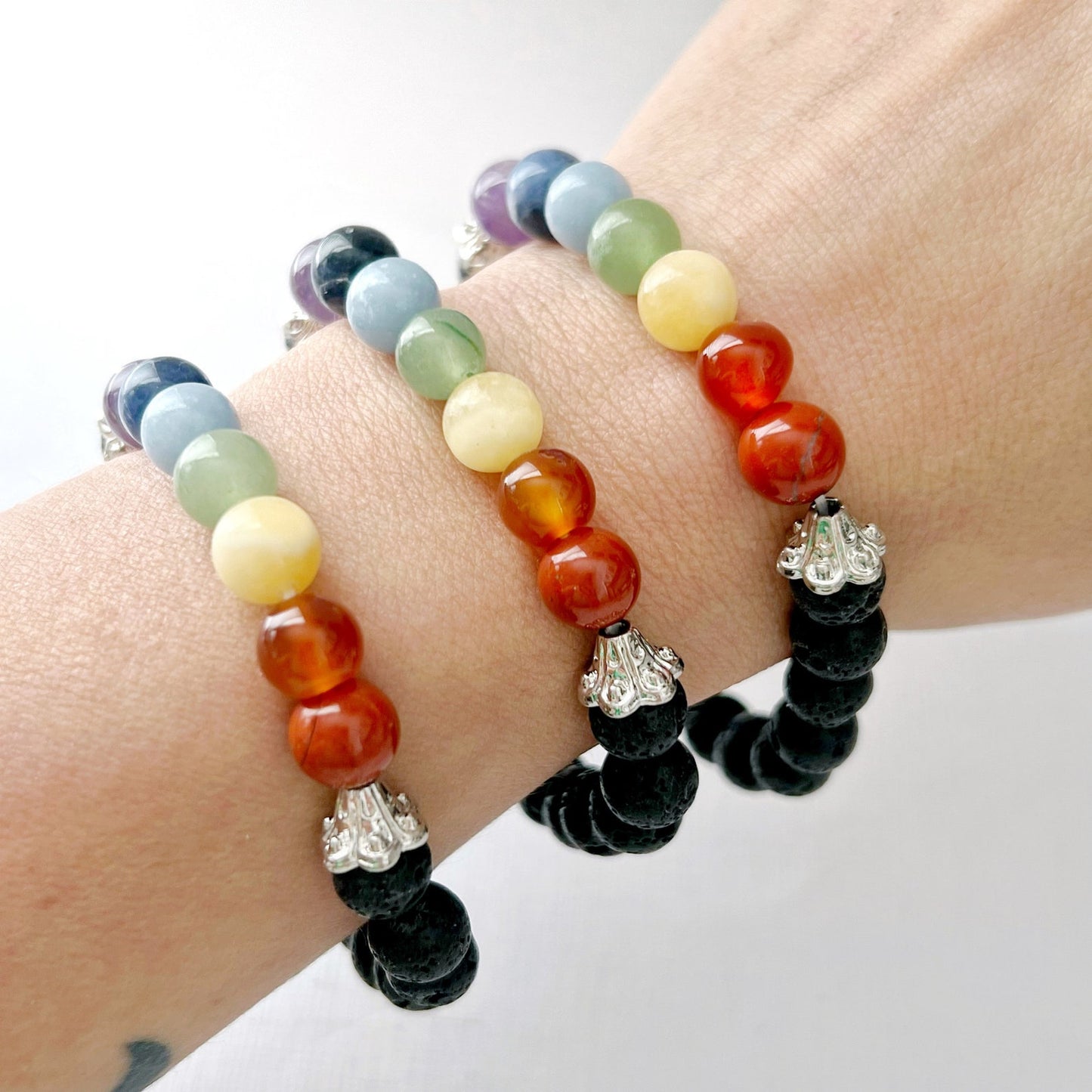 8mm Seven Chakra & Lava Rock Beaded Bracelet