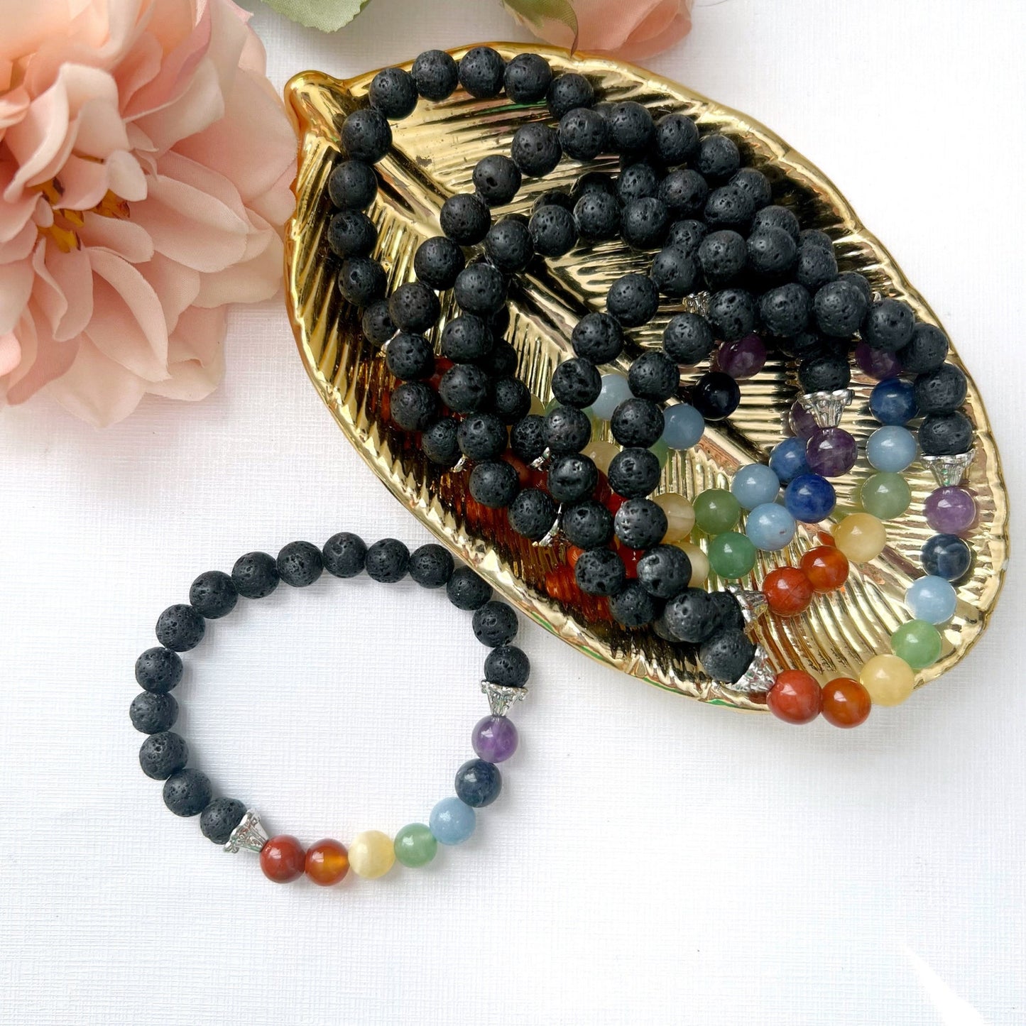 8mm Seven Chakra & Lava Rock Beaded Bracelet