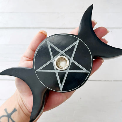 6" Black Soapstone Pentacle Candle Holder