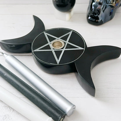 6" Black Soapstone Pentacle Candle Holder