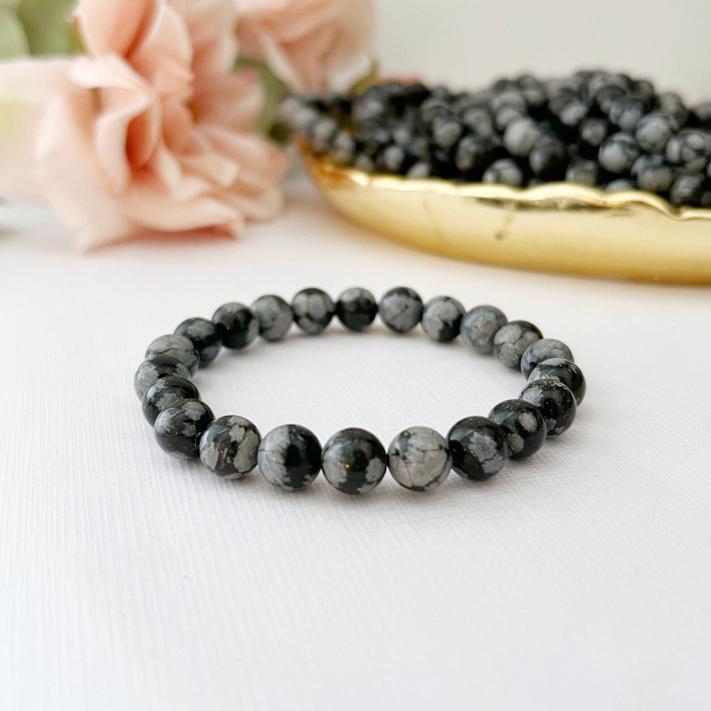 8mm Snowflake Obsidian Beaded Bracelet