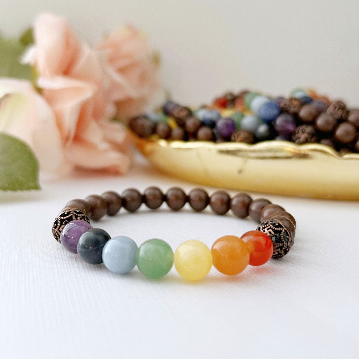 8mm Seven Chakra & Copper Beaded Bracelet