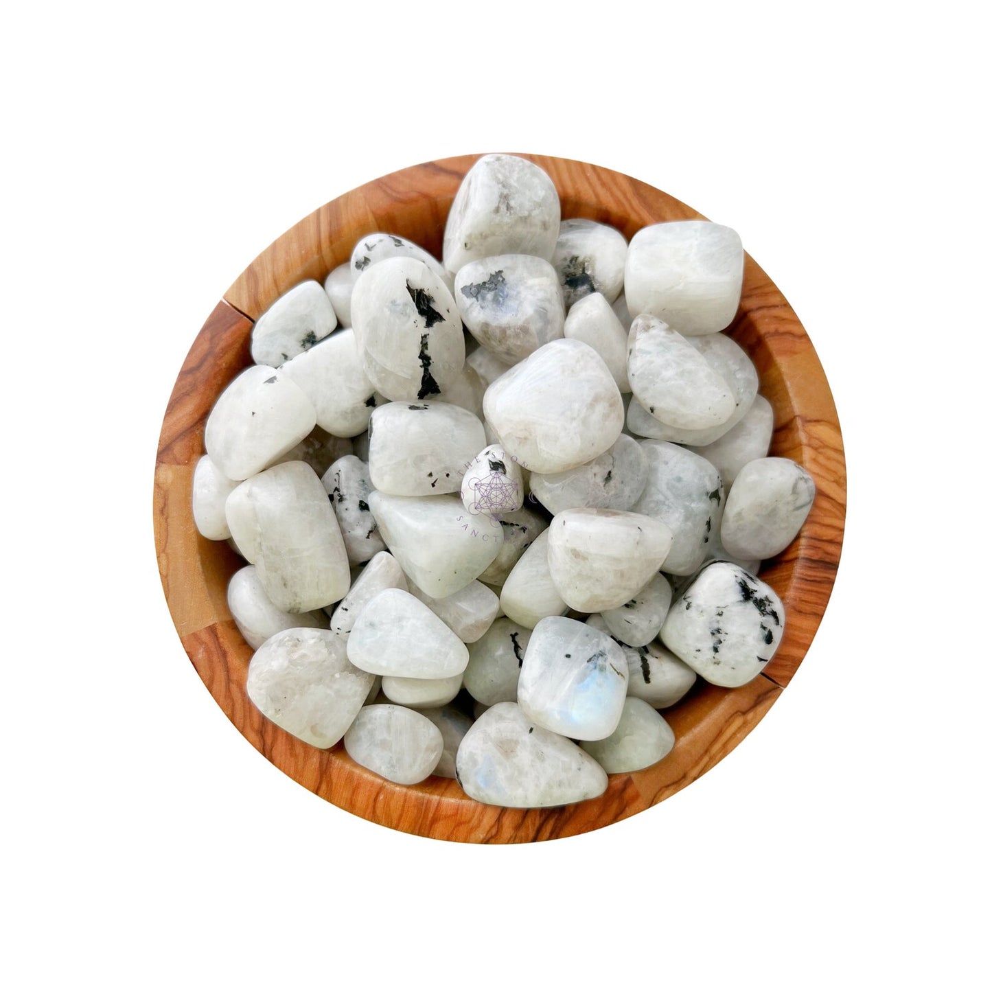 A wooden bowl filled with polished Rainbow Moonstone Tumbled Stones, varying in size and displaying a range of milky white to slightly translucent hues with occasional black specks, offers a touch of psychic protection. The bowl is set against a plain white background.