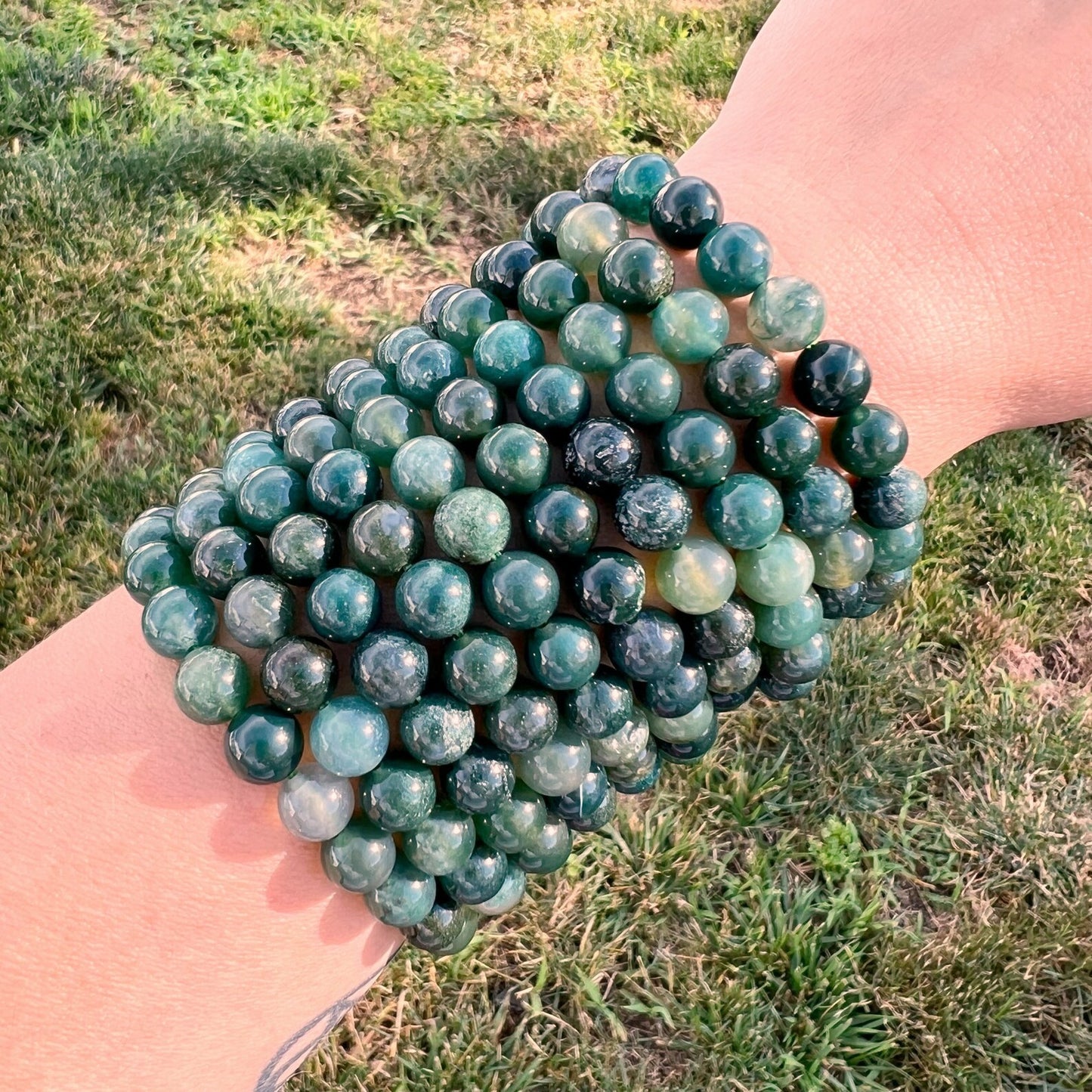 8mm Green Moss Agate Beaded Bracelet