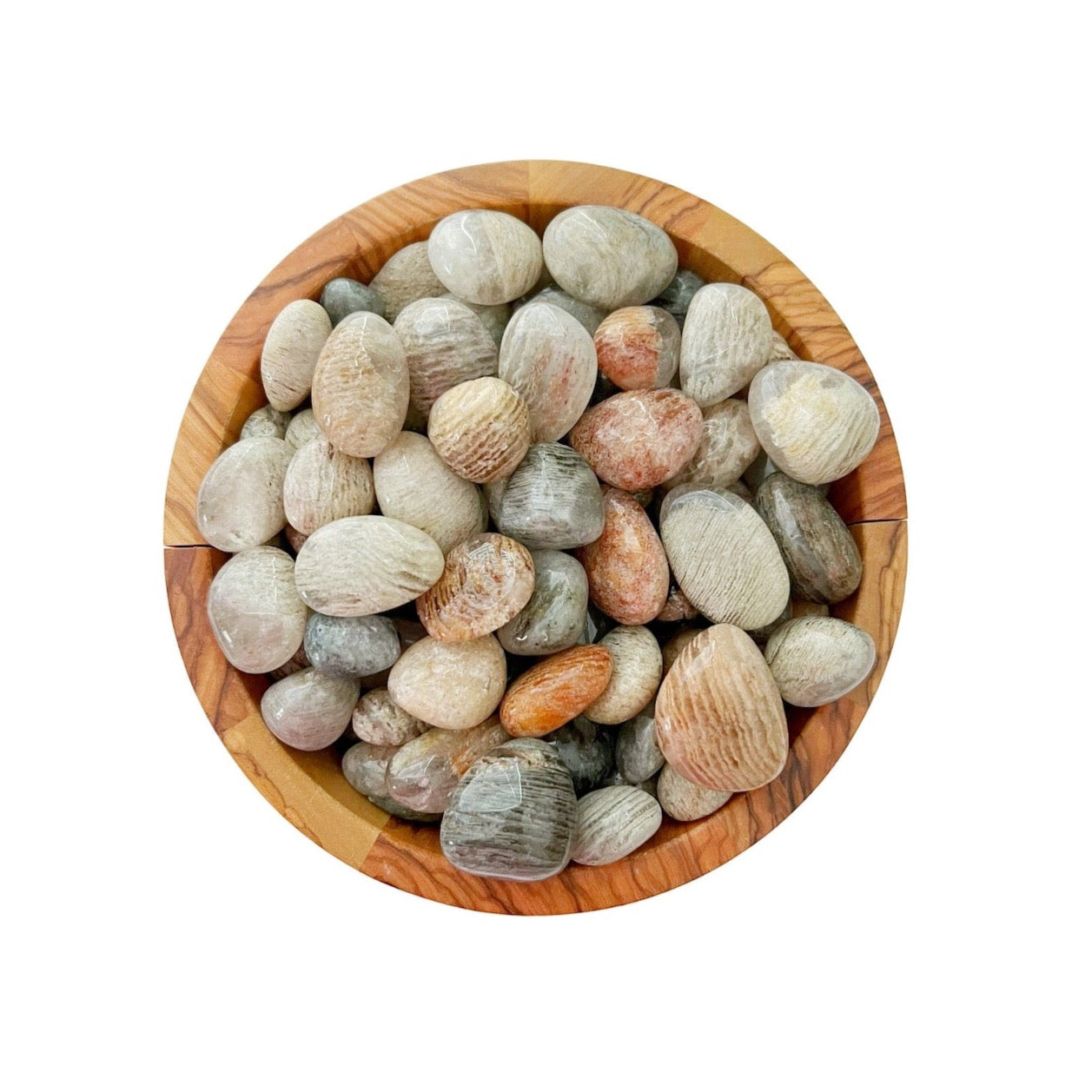 A round wooden bowl filled with assorted smooth, oval-shaped stones, including Thousand Layer Inclusion Quartz Tumbled Stones and Lodolite, in various shades of gray, beige, and light brown. The bowl is placed on a plain white background, serving as an elegant meditation aid.