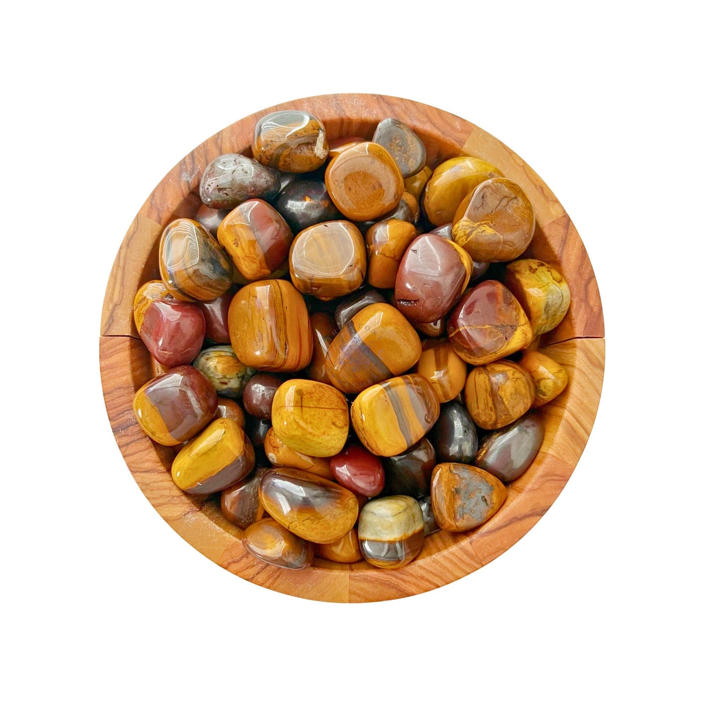 A round wooden bowl filled with polished Desert Sunset Jasper Tumbled Stones and other multicolored stones. The stones exhibit shades of brown, yellow, red, and gray, creating a visually appealing mix of colors and textures. The bowl and stones are set against a plain, white background.