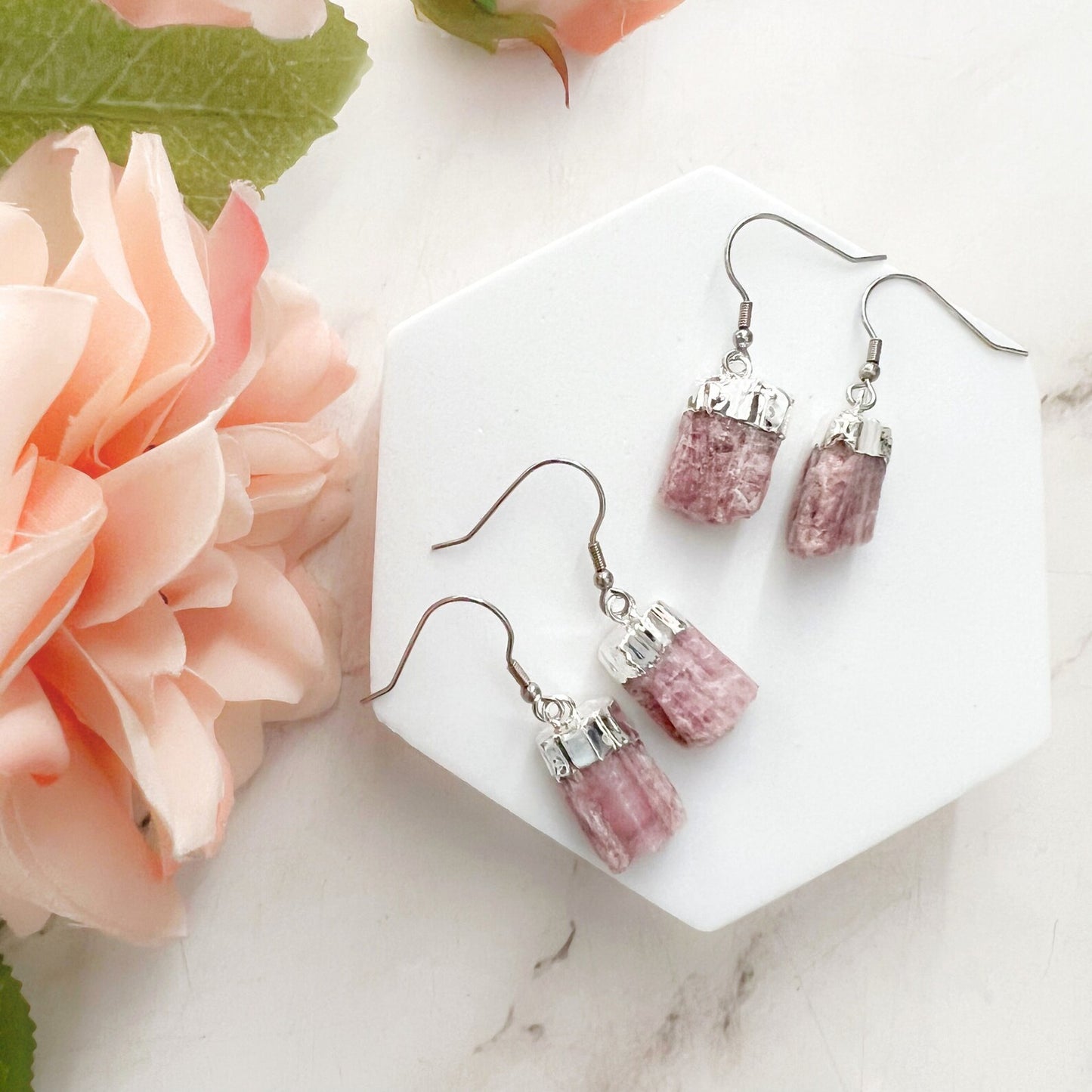 Raw Pink Tourmaline Point Dangle Earrings