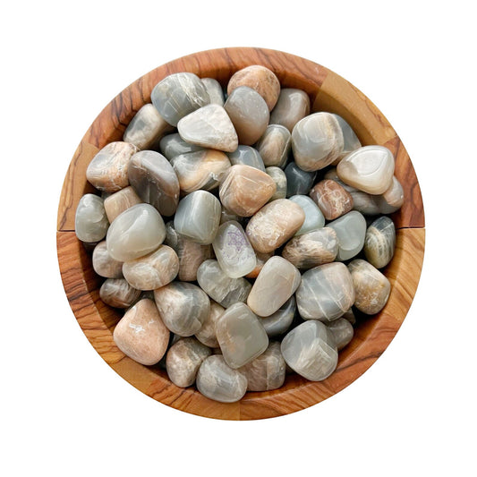 A top view of a round wooden bowl filled with polished, smooth stones of varying sizes and shapes. The stones are predominantly shades of gray, brown, and beige, with a glossy finish that highlights their natural patterns and textures. Among them sits a striking Black Moonstone Polished Tumbled Stones, symbolizing new beginnings.