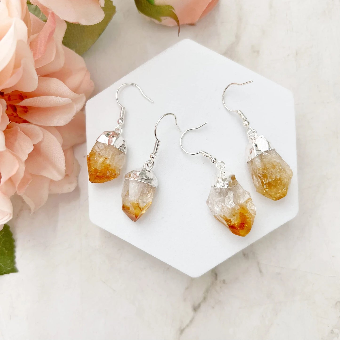 Raw Citrine Point Dangle Earrings