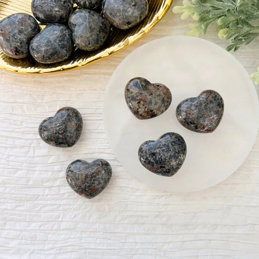 Heart-shaped stones with a speckled gray and brown appearance are arranged on a textured white surface. Five 1" Mini Sodalite Syenite Heart stones sit on a round, translucent white plate, while other stones are placed in a gold-colored dish nearby. Green foliage is seen in the background.