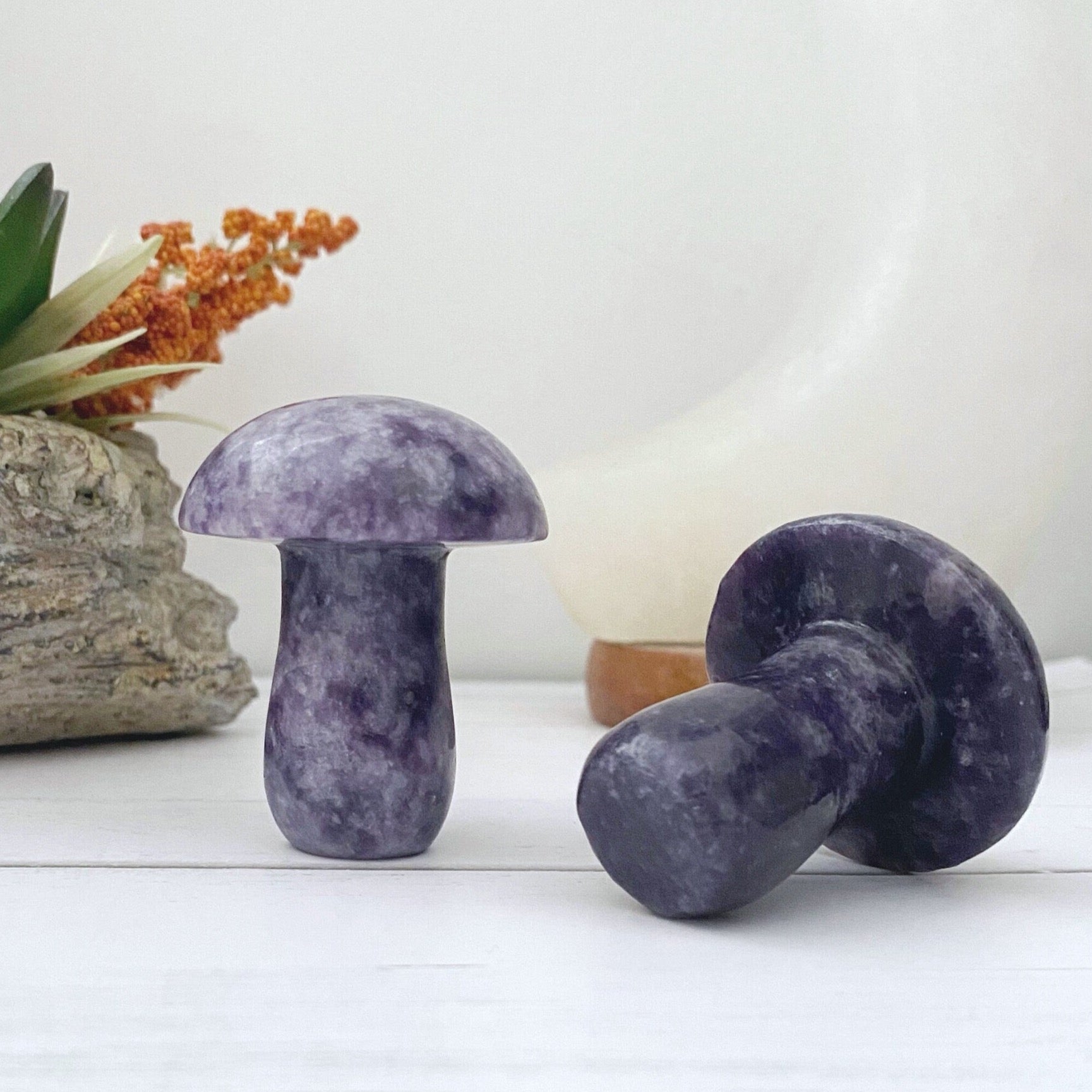 Two small, polished 2" Lepidolite Mushroom Massagers with deep purple marbling stand side by side on a white surface. Behind them, there is a plant with green and orange foliage and a large, white, curved decorative object. Perfect for adding a touch of cottagecore decor to your space.