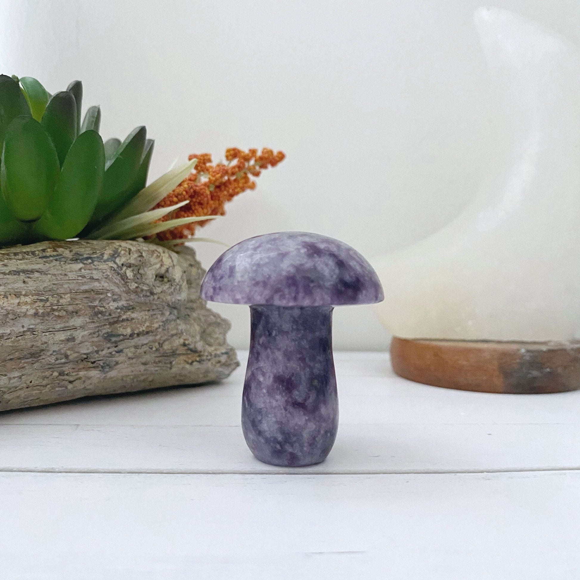 Two small, polished 2" Lepidolite Mushroom Massagers with deep purple marbling stand side by side on a white surface. Behind them, there is a plant with green and orange foliage and a large, white, curved decorative object. Perfect for adding a touch of cottagecore decor to your space.