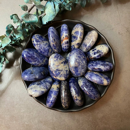 A round, dark tray filled with smooth, oval-shaped Sodalite Palm Stones arranged in a circular pattern. The background features a light brown surface with a sprig of eucalyptus leaves lying next to the tray, creating an ideal setting for meditation and fostering emotional balance.