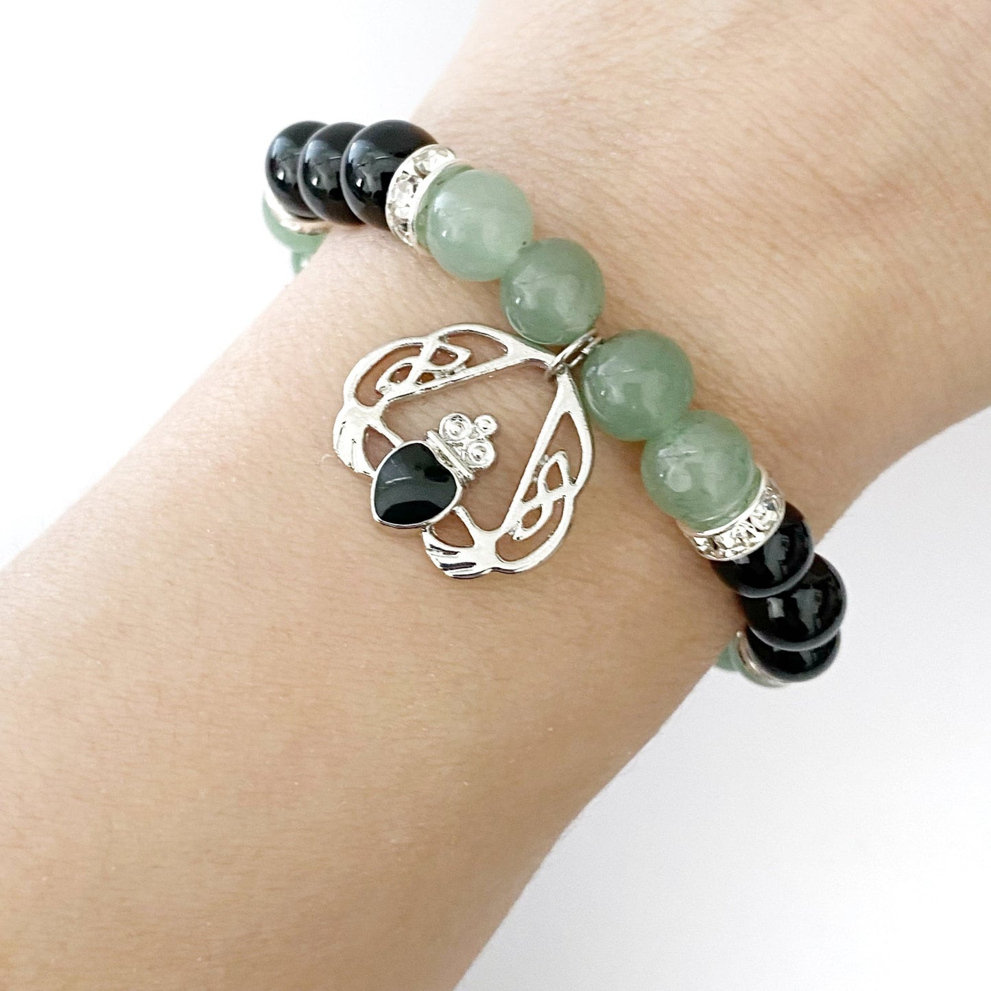 8mm Green Aventurine & Onyx Beaded Bracelet with Claddagh Charm