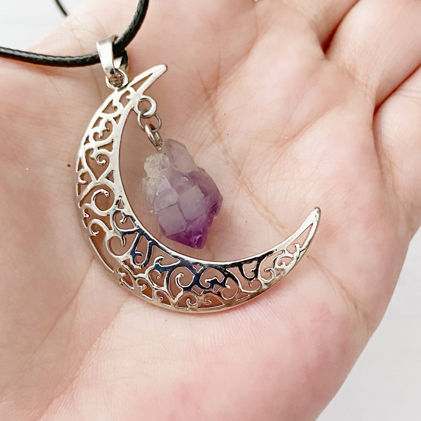 Silver Crescent Moon & Amethyst Pendant