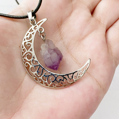 Silver Crescent Moon & Amethyst Pendant