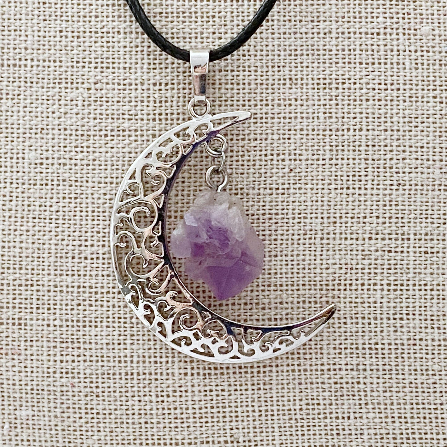 Silver Crescent Moon & Amethyst Pendant