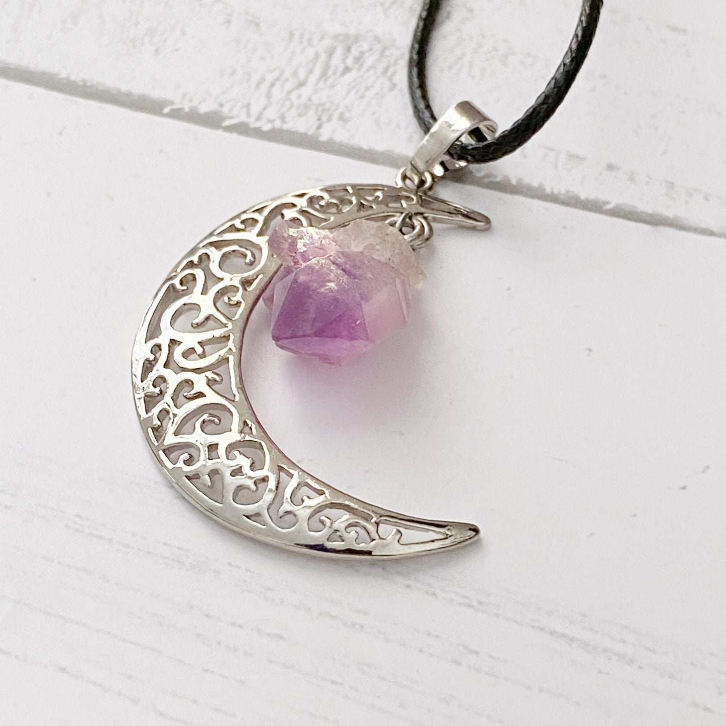 Silver Crescent Moon & Amethyst Pendant