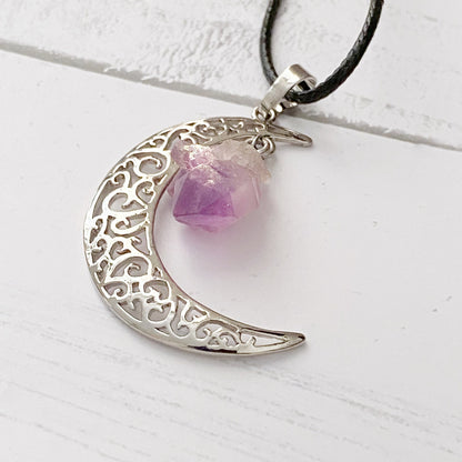 Silver Crescent Moon & Amethyst Pendant