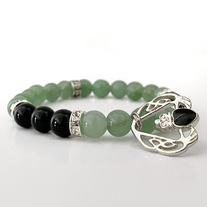 8mm Green Aventurine & Onyx Beaded Bracelet with Claddagh Charm