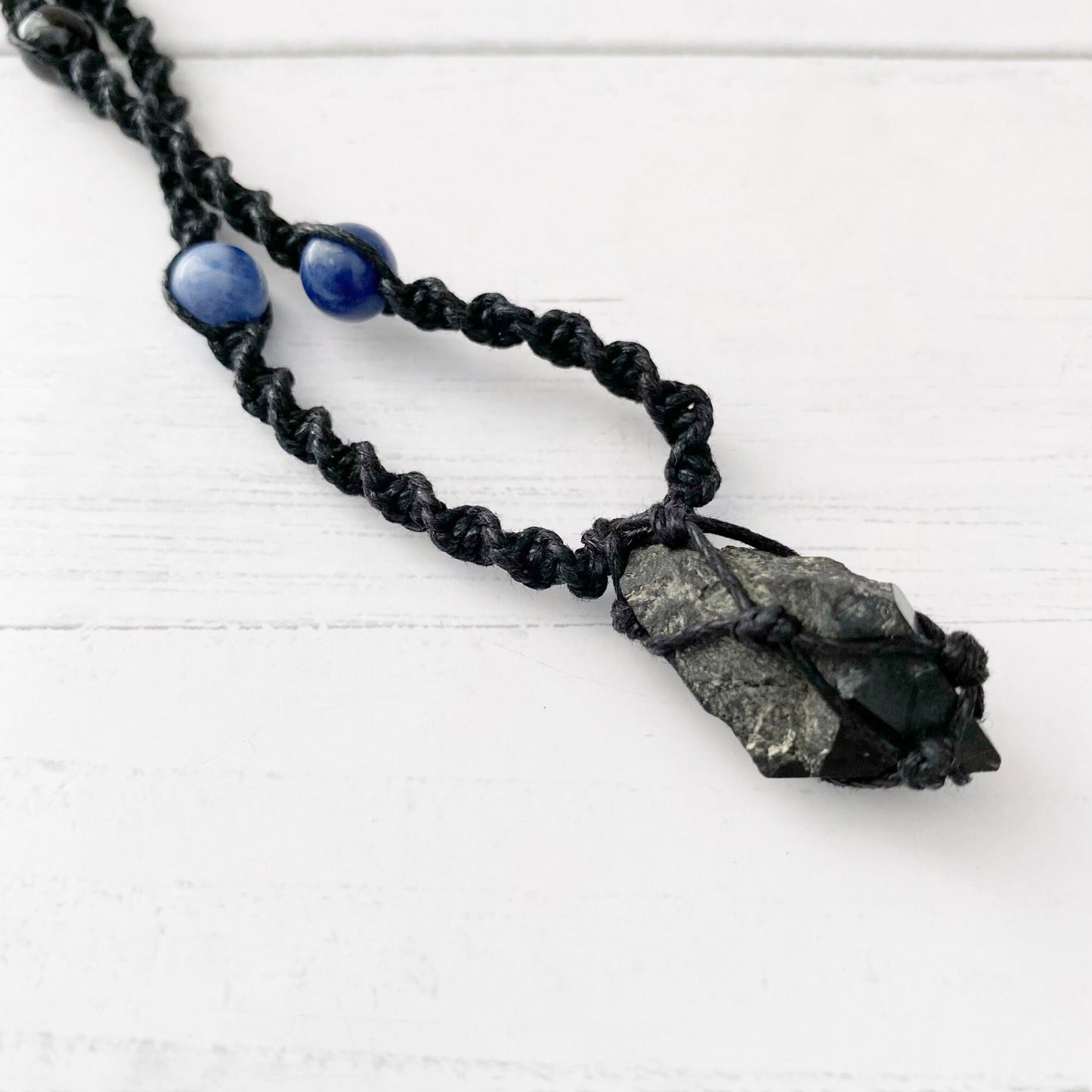 Black Tourmaline Crystal Point Net Cage Necklace