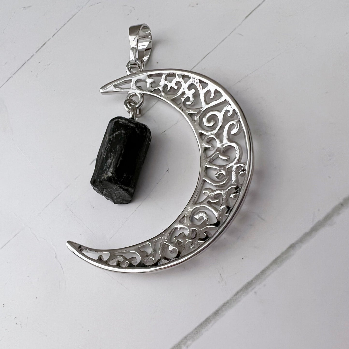 Silver Crescent Moon & Black Tourmaline Pendant