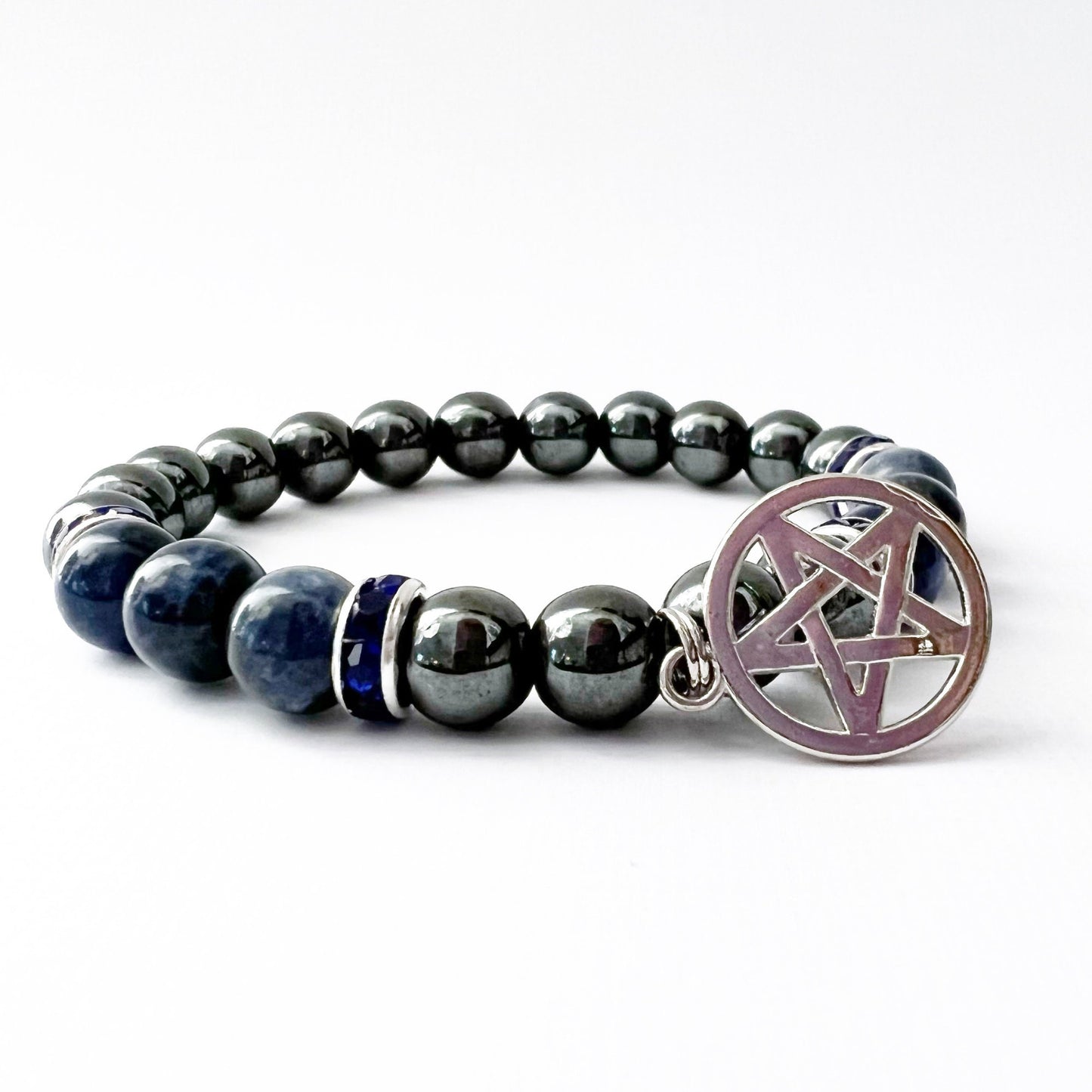 8mm Hematite & Sodalite Beaded Bracelet with Pentacle Charm