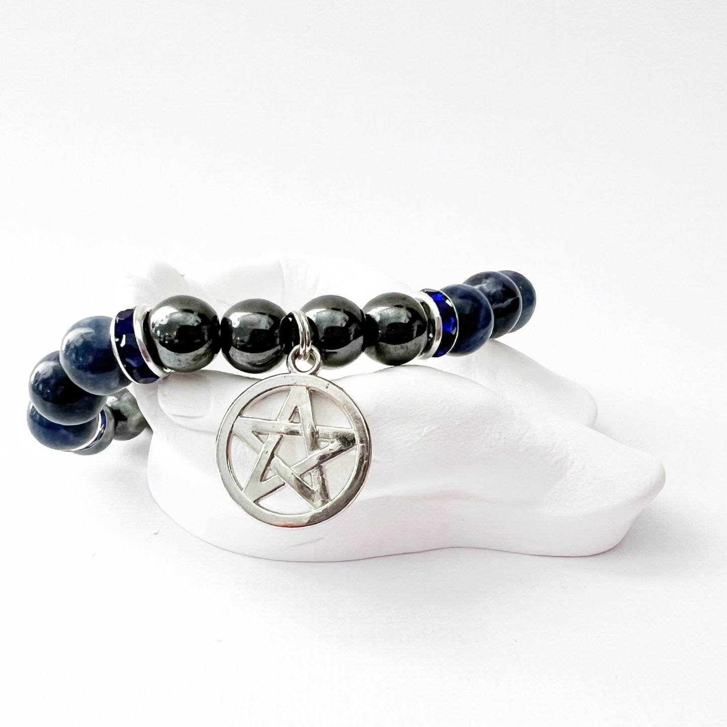 8mm Hematite & Sodalite Beaded Bracelet with Pentacle Charm