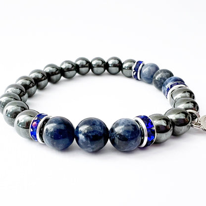 8mm Hematite & Sodalite Beaded Bracelet with Pentacle Charm