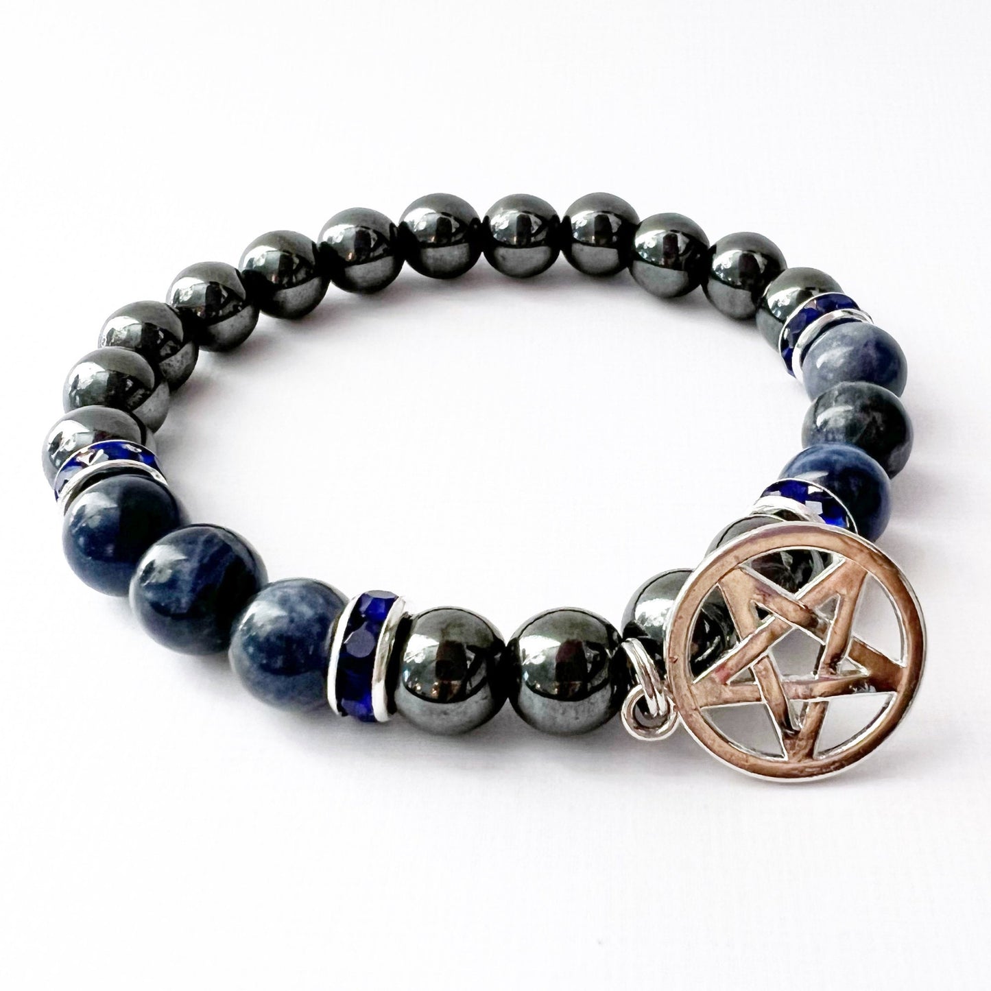 8mm Hematite & Sodalite Beaded Bracelet with Pentacle Charm