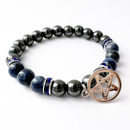 8mm Hematite & Sodalite Beaded Bracelet with Pentacle Charm