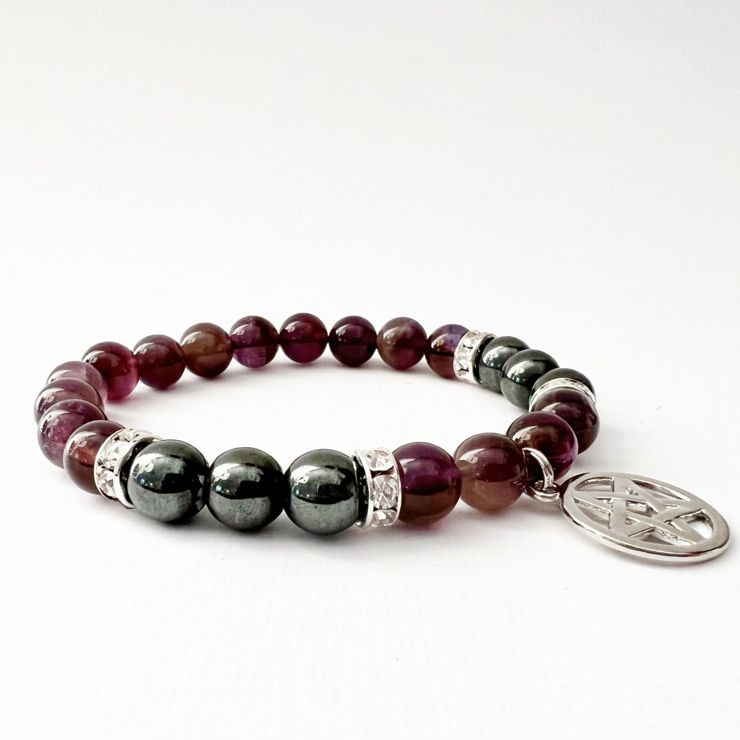 8mm Hematite & Amethyst Beaded Bracelet with Pentacle Charm