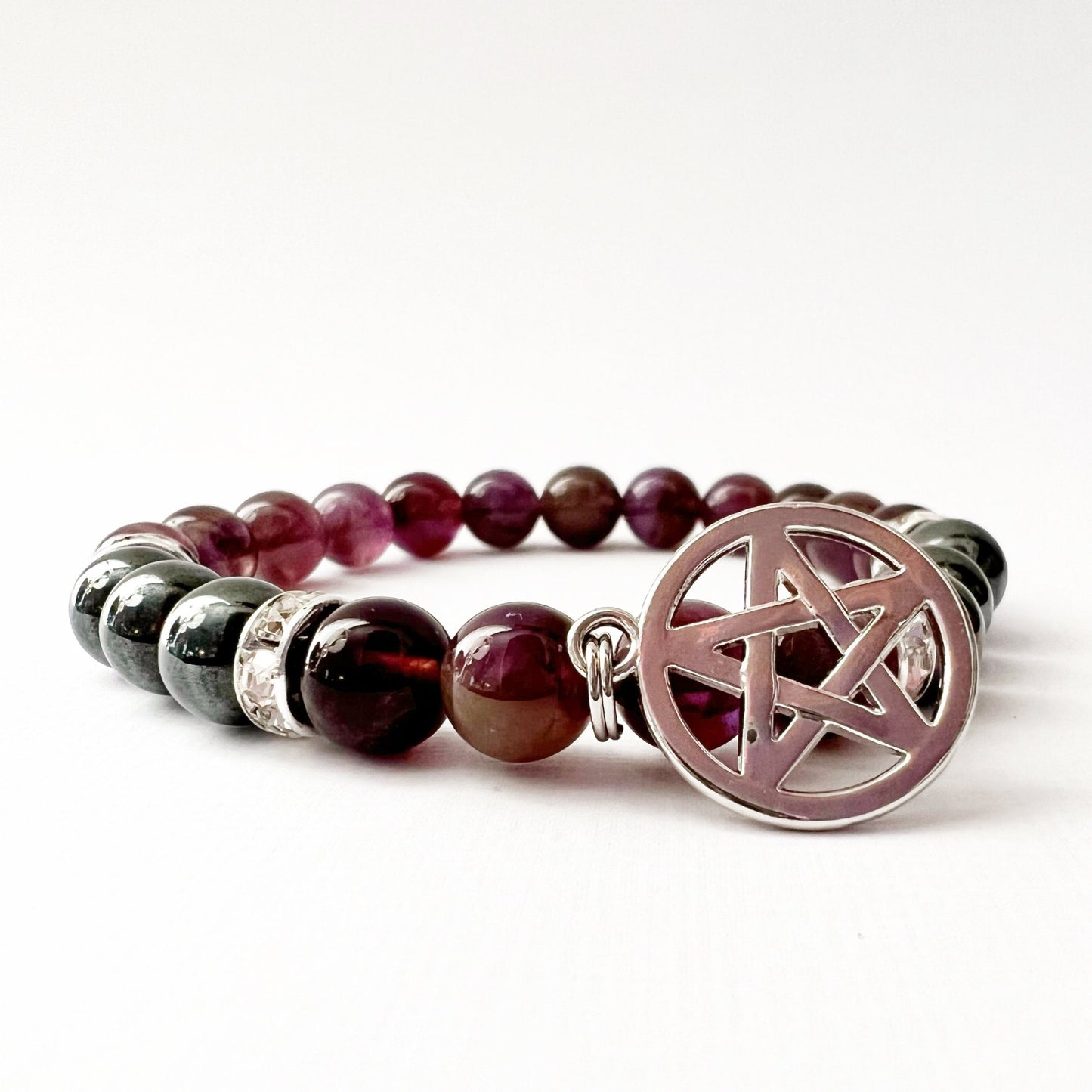 8mm Hematite & Amethyst Beaded Bracelet with Pentacle Charm